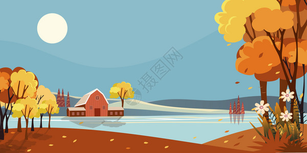 与你共鉴场景秋天的乡村色奇幻全秋天的中风景与湖边农舍共渡秋天阳光和蓝空在湖边秋天的橙树叶落山季节神奇仙境风景观落下设计图片