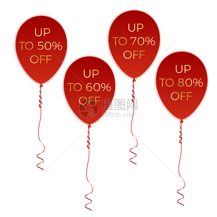 市场目的庆祝大销售海报Whearth红气球和礼品盒带有孤立设计要素的矢量插图图片