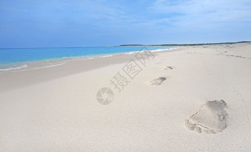 博内尔岛假期阿鲁巴BocaGrandi海滩沙上的脚印水加勒比海插画