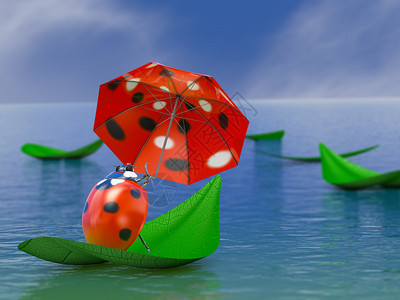 季风天旅行在水上漂浮的树叶挂着雨伞的Ladybug可爱的设计图片