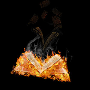 在黑色背景下以火焰燃烧打开的魔法书妖娆古老的奇迹图片