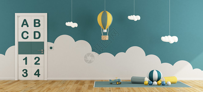 3岁宝宝男孩儿蓝室地毯上玩具热气球和闭门3楼的男孩子蓝室们墙放松设计图片