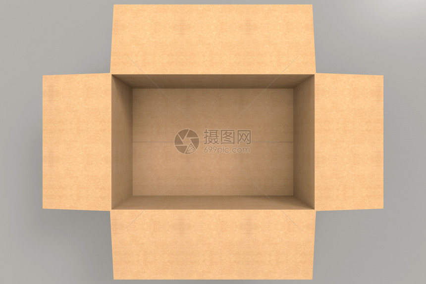 3d显示灰色背景上的空棕纸盒中视图邮政灰色的新图片