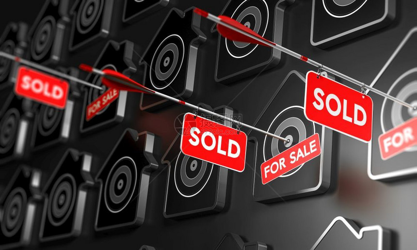 代理人许多房屋符号在黑色之上其中三座被箭刺穿位于目标3D显示概念的中心房地产和财搜索不动售卖标志概念地产售出标志概念中央家图片