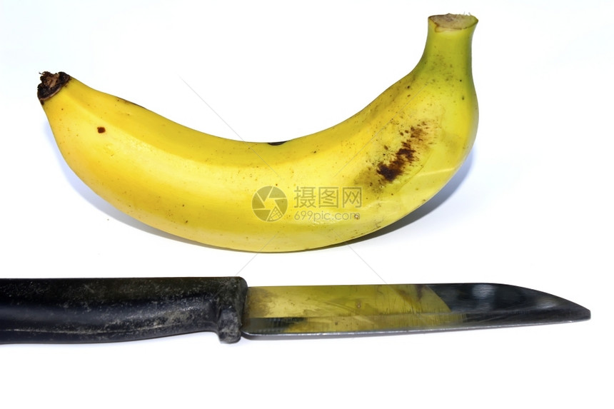 吃白种背景孤立的李普香蕉和刀甜点具图片