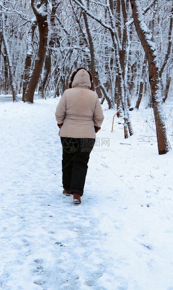 徒步旅行者积极的自然一个女人独在寒冬公园户外游走图片