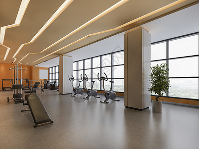 健身房空闲暇3d提供现代橙色阁楼健身和小地毯机器设计图片