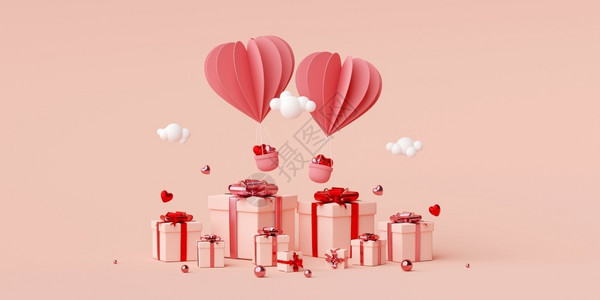 甜的情人节横幅背景的心形气球配有礼物盒3D装饰浪漫图片