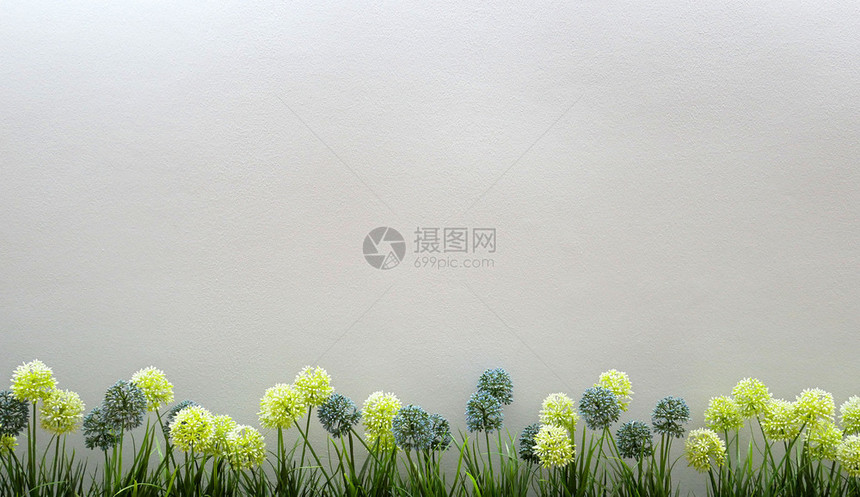 假期在混凝土墙壁背景上有复制空间的春季花边框架界图片