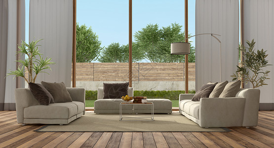 室内的现代别墅客厅有花园背景3D为现代别墅提供客厅白色的家图片