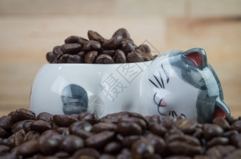 陶瓷颗粒陶瓷猫咪碗装满咖啡豆背景