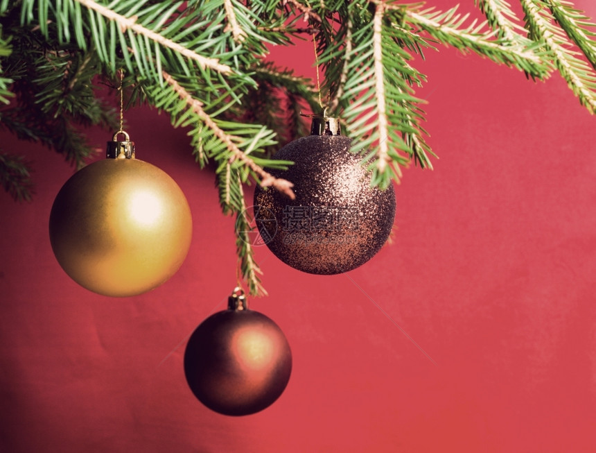 在树枝的圣诞装饰上玩具的装饰品挂在树枝上绿色闪亮的颜图片