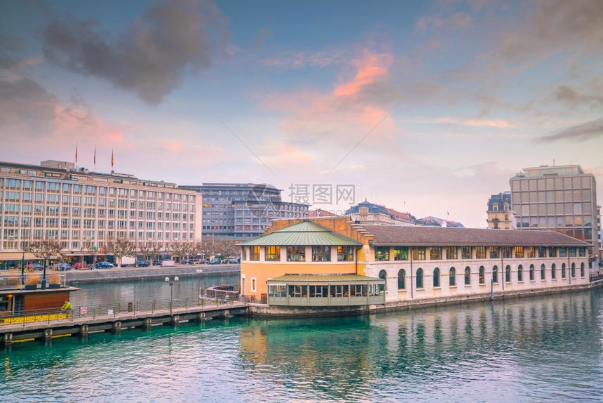 城市观瑞士日内瓦落时天际河建筑学码头图片