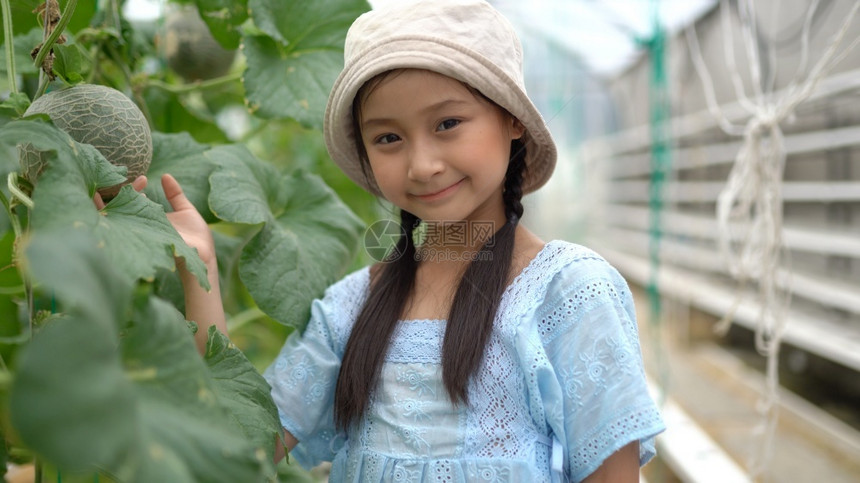 花朵夏天新鲜的可爱亚洲小女孩在水力农场玩得开心图片