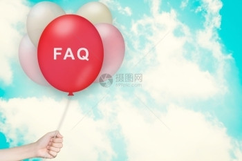 帮助手持FAQ或常问题用天空和古老风格的气球研究询问图片
