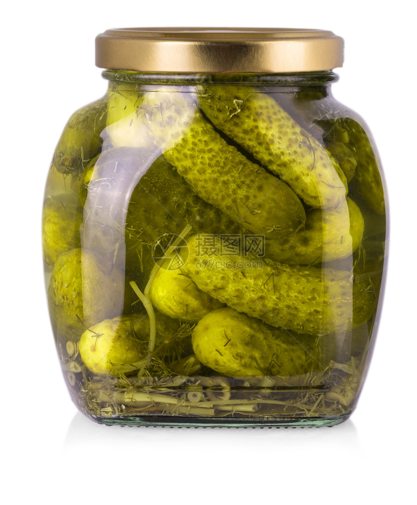 白色背景有剪切路径的玻璃罐子中黄瓜一种食物海军陆战队图片
