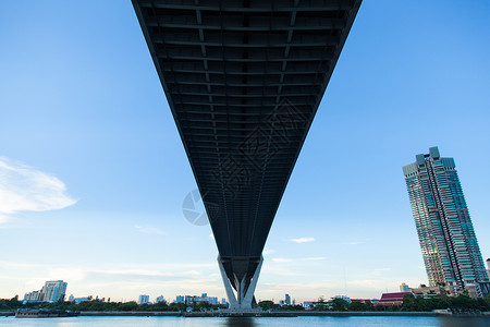 亚洲横跨大水面的桥梁向蓝色天空反射城市大楼对面一种图片
