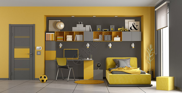 黄色的椅子渲染灰色和黄儿童房间单床书架和办公桌3D制成灰色和黄儿童室玩家具设计图片
