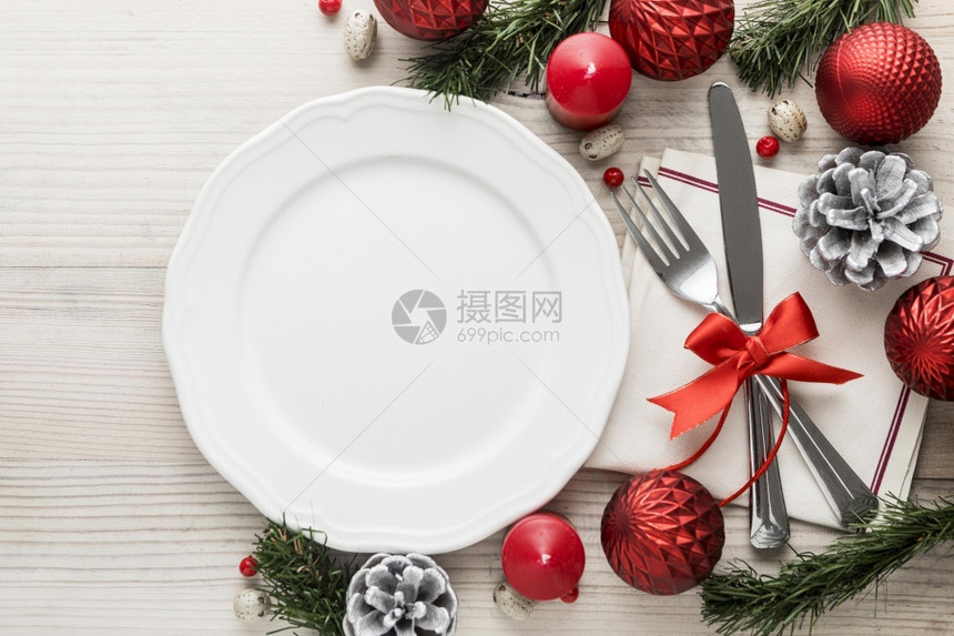 卡片餐厅平坦的圣诞节餐具用空盘子食物图片