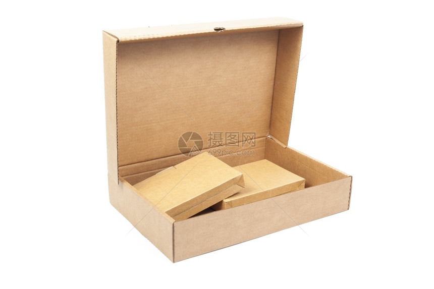 目的里面有两只小盒子白色孤立背景的纸盒黑箱打开了递送回收图片