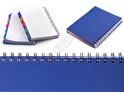 一组新的蓝色笔记本白背景上的环写绘画办公室图片