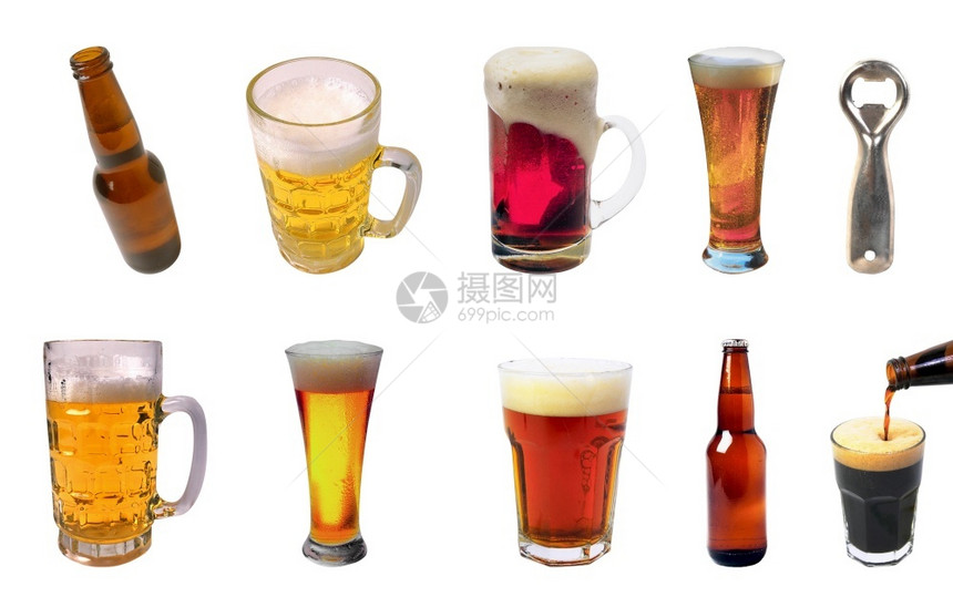 瓶子茶点金属收集白色背景上不同口味的啤酒杯收藏品图片