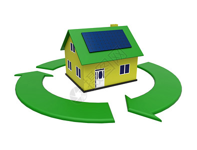 房子大约能效高能效屋太阳电池板在绿色圆圈中3D投影白色背景太阳的控制板环境设计图片