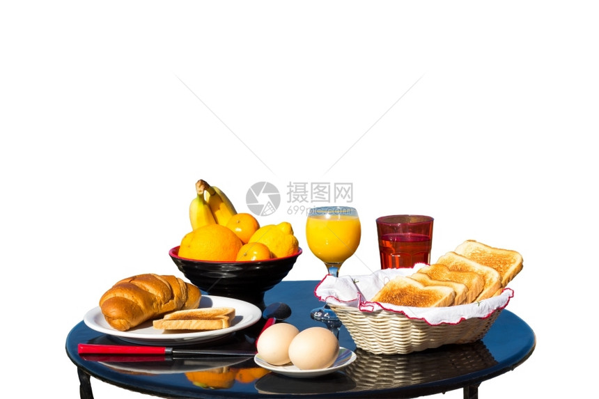 以餐食作为早桌白背景与世隔绝自制白色的面包图片