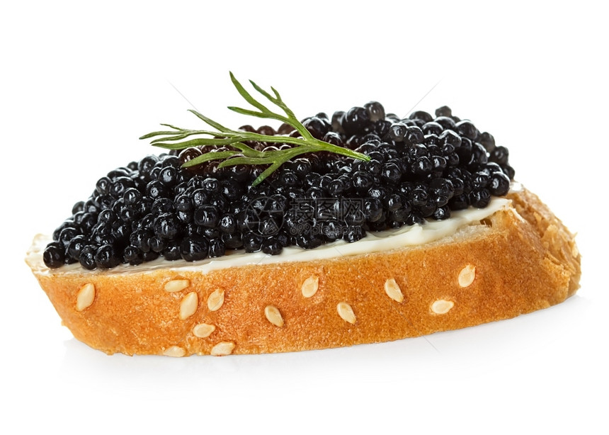 黑鱼子酱在孤立的面包上服役午餐食物黑色的图片