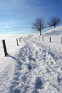 在祖格州纽海姆的一座山丘上筑起条雪道或小路美丽的十二月天图片