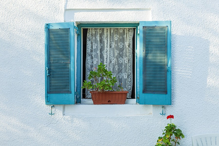 正面颜色花园希腊科孚白墙和鲜花上有蓝色百叶窗的开放口图片