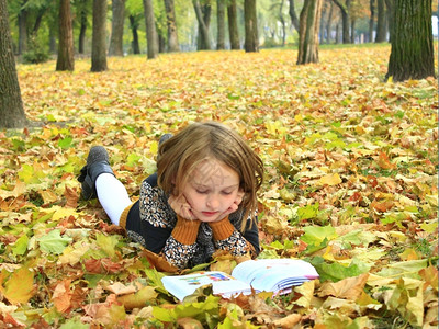 女孩在秋天的公园里看书年轻的女孩在秋天公园里看书躺在地上树木孩子图片