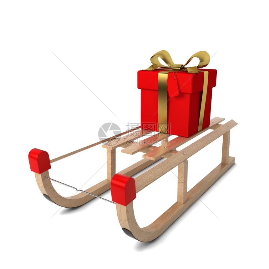带礼物盒3d插图的木雪橇白色背景上孤立冬天喜悦克劳斯图片