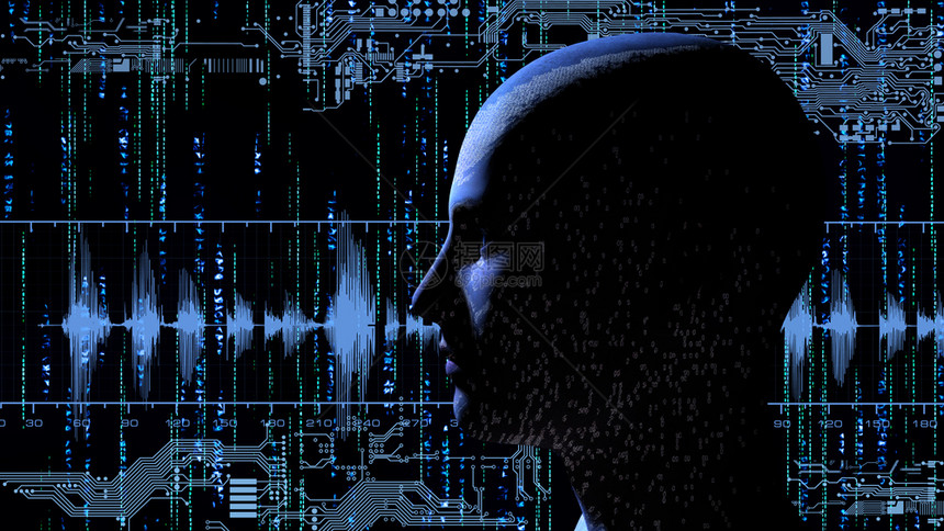 带有电子路的矩阵背景二进制代码的人头3d渲染黑客网络空间人类图片