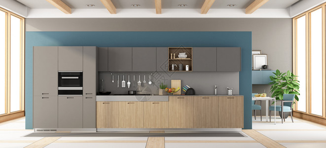光束现代木质制和厨房现代和灰厨房配有餐桌和椅子的背景3D渲染架子图片