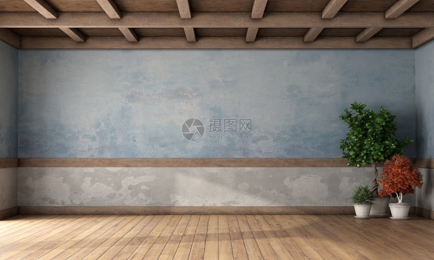 舒适室内的框架带有旧蓝色墙木板天花和房屋工厂的空倒式房间3D用旧墙和木板作为空倒式房间图片