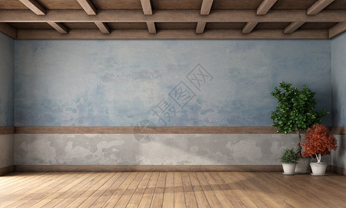 舒适室内的框架带有旧蓝色墙木板天花和房屋工厂的空倒式房间3D用旧墙和木板作为空倒式房间背景图片