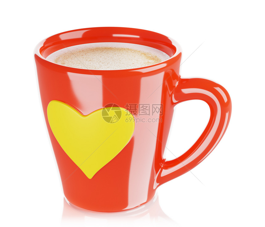 餐具喝成形红咖啡杯装有心形饰品隔离3d图片