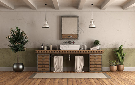 家用浴室水平的Retro风格的家用洗手间在旧木制柜子上装水槽3D提供Retro风格的家用洗手间和水槽镶木地板脸盆设计图片