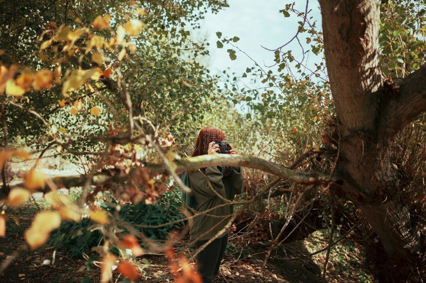 年轻女子用旧模拟相机在森林里拍照年轻女子用旧相机在森林里拍照游客红发女郎落下图片
