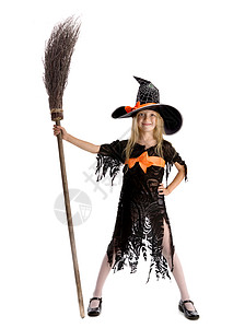 网络巨魔网络美丽的笑着脸小女孩穿着长金发的穿着巫服装戴一顶黑魔帽上面有网蜘蛛和橙色弓帽子满的背景