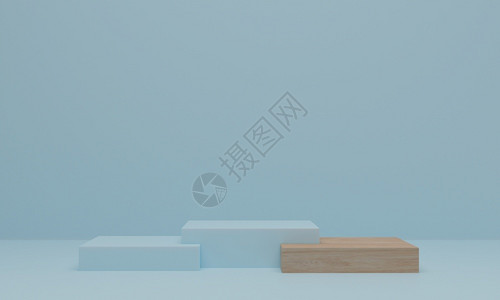 蓝目菊空白的目干净3d以蓝背景的Peedestal或平台提供木质讲用于展示产品演模拟展化妆品设计图片