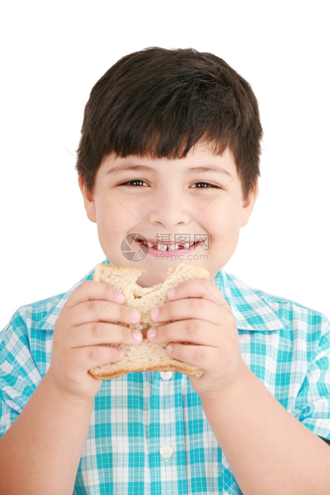 白色的食物一种小男孩吃个完整的面包三明治孤立在白色背景的皮上图片
