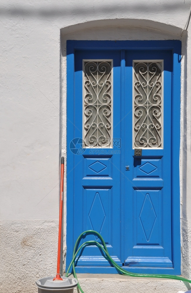 希腊Kalymnos岛传统蓝色希腊门家丰富多彩的旅游图片