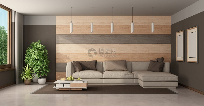 长椅现代客厅与沙发对着木板和棕墙3D制成现代客厅与沙发对着木板装饰风格图书图片
