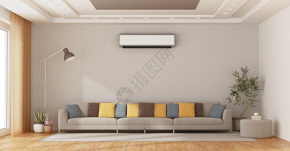 内部的现代客厅墙上装满了舒适的沙发和空调机3D为现代客厅配有沙发和空调机硬木窗帘背景图片