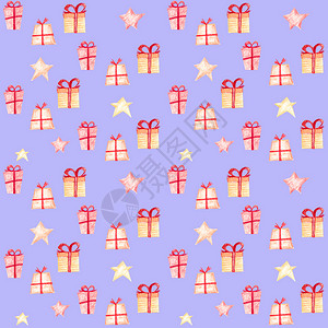 康费蒂明亮的插图黄色圣诞节无缝模式礼物盒和星在紫罗兰背景上以手工制作的节日背景设计图片
