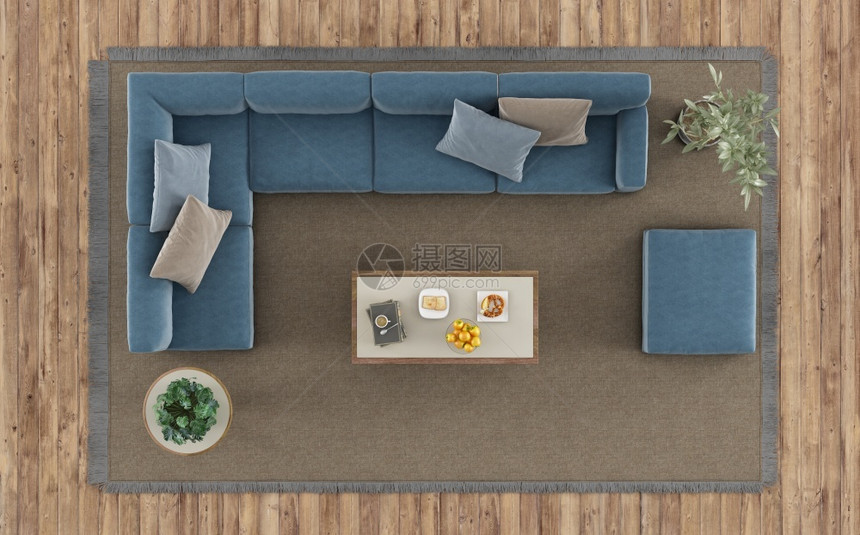 水平的家具现代客厅的顶端视图地毯上有白色沙发和咖啡桌3D图片