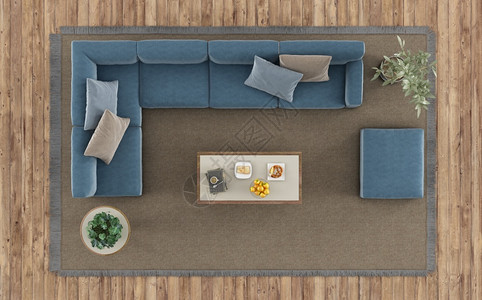 水平的家具现代客厅的顶端视图地毯上有白色沙发和咖啡桌3D图片