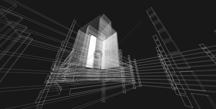 3d图解现代城市建筑抽象背景设计3D图解架构建设透视直线三维图解建筑结构插图技术绘画图片